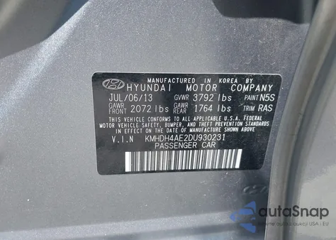 2013 Hyundai Elantra Gls из США, поврежденный, VIN KMHDH4AE2DU930231